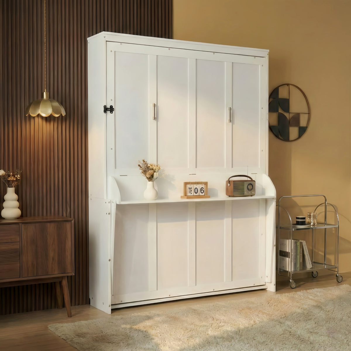 Queen Size Wooden Vertical Murphy Wall Bed with Storage & Gas Struts, Desk & Shelf Combo, Space-Saving Hidden Wall Bed for Living Room,White