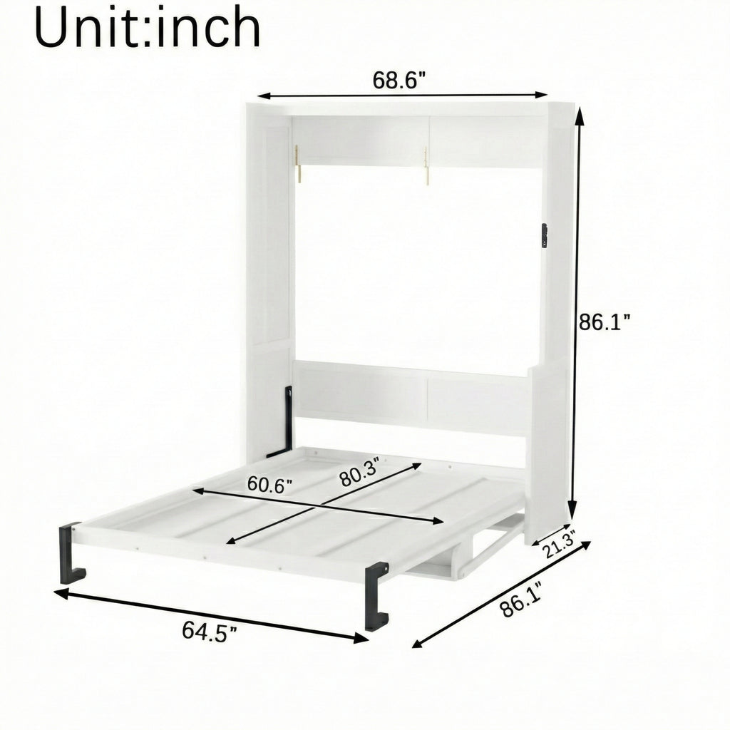 Queen Size Wooden Vertical Murphy Wall Bed with Storage & Gas Struts, Desk & Shelf Combo, Space-Saving Hidden Wall Bed for Living Room,White