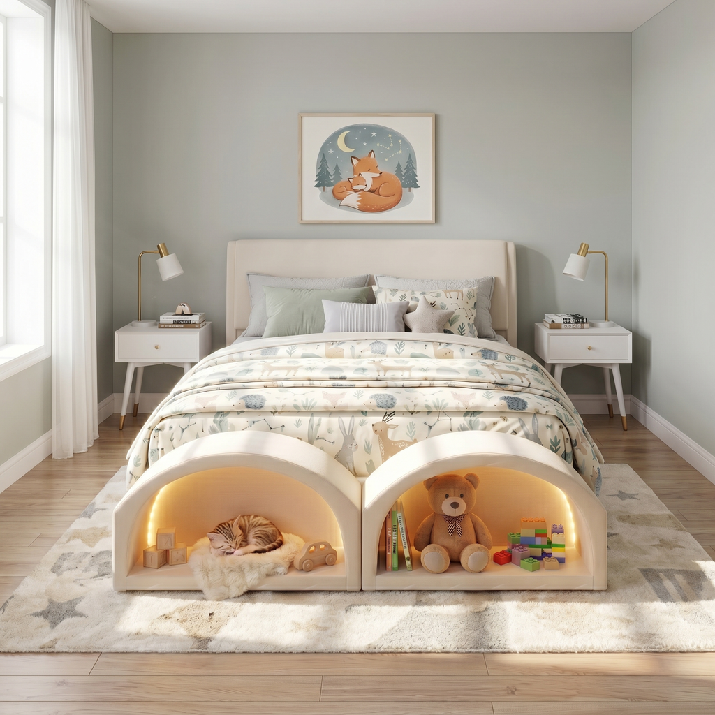 Queen Size Upholstered Platform Bed Frame with Dual Cat Caves, LED Lighted Pet Nests at Footboard, Beige