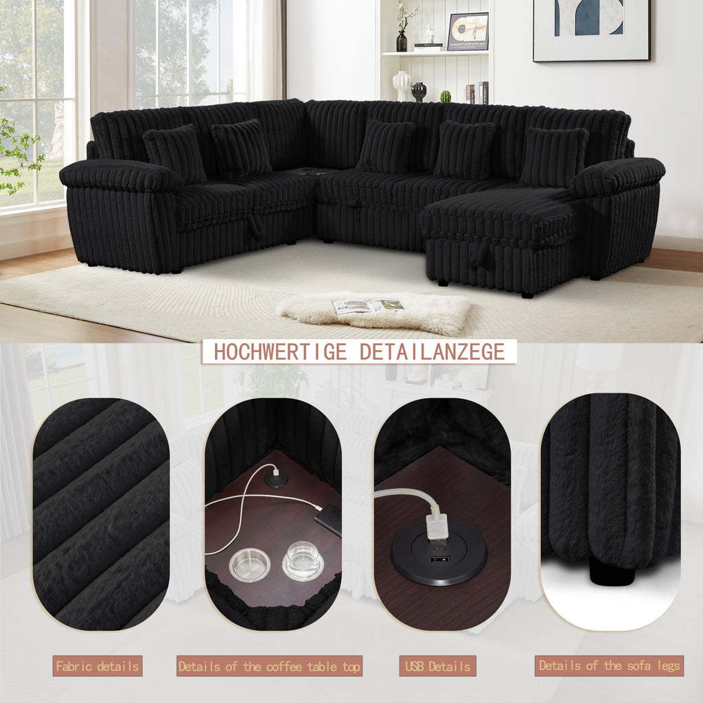 Oversize 110" Modular Sectional Sofa with USB & Cup Holder,Srorage of U shaped 6 Couches Soft Corduroy for Living Room, Apartment, Black