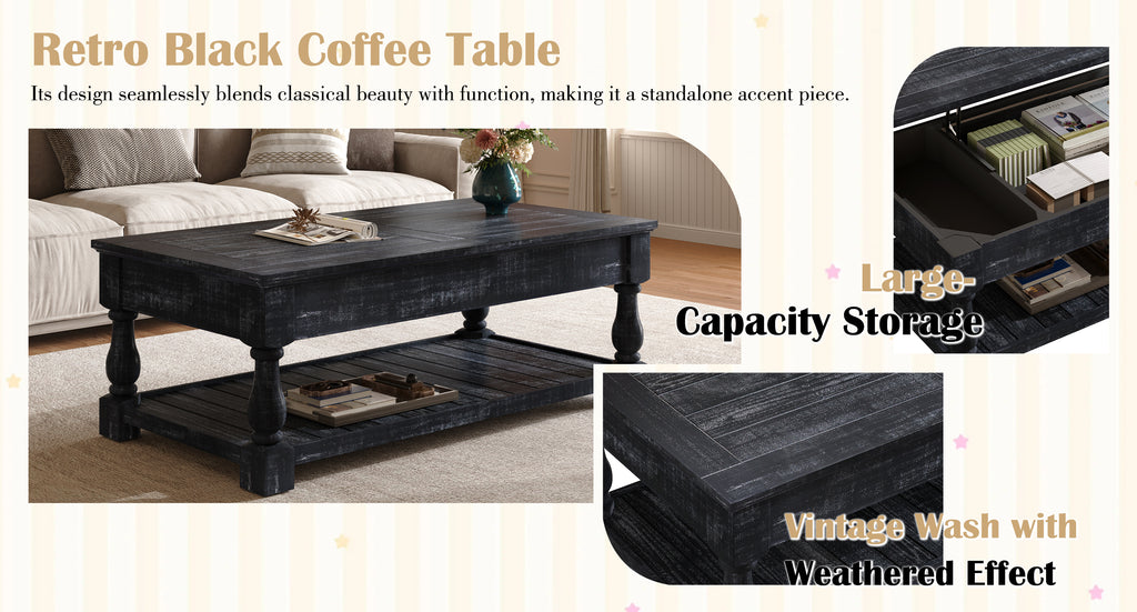 Lift Top Coffee Table with 3 Hidden Storage Trays, Wooden Convertible Coffee Table with Hidden Compartments for Living Room, Black