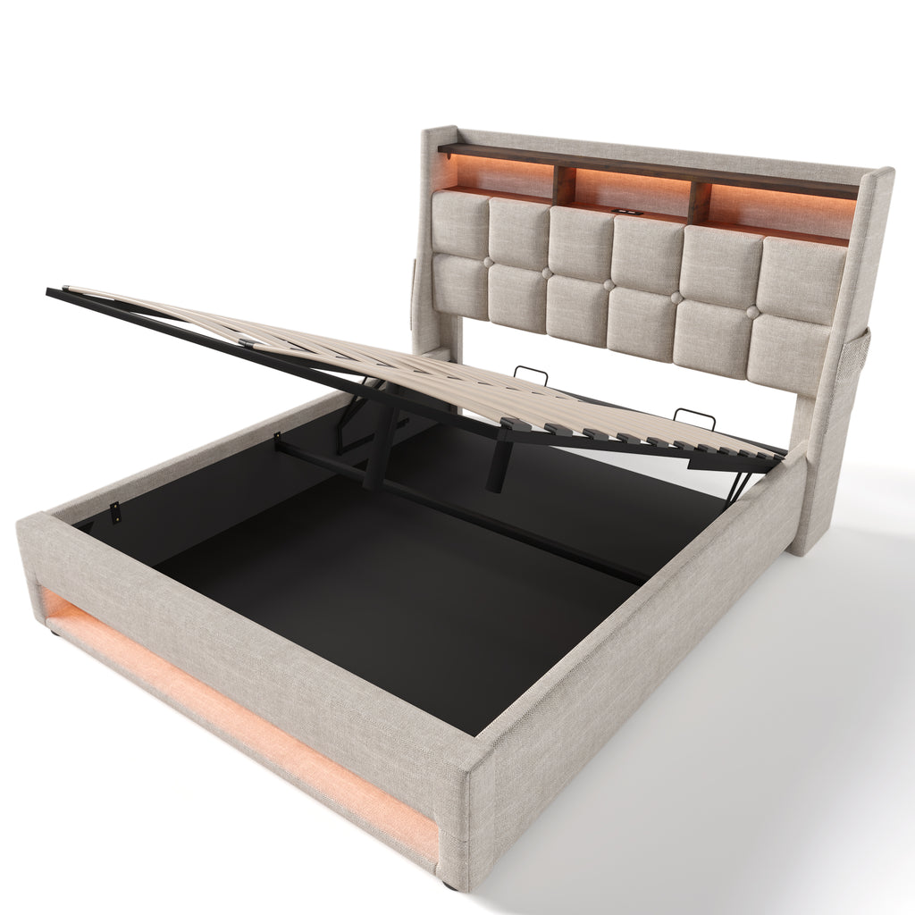 NYBOPAVIS Full Size Upholstered Bed Frame with Lift Up Hydraulic Storage, USB Charging & LED Lighting, Wooden Platform Bed, Natural