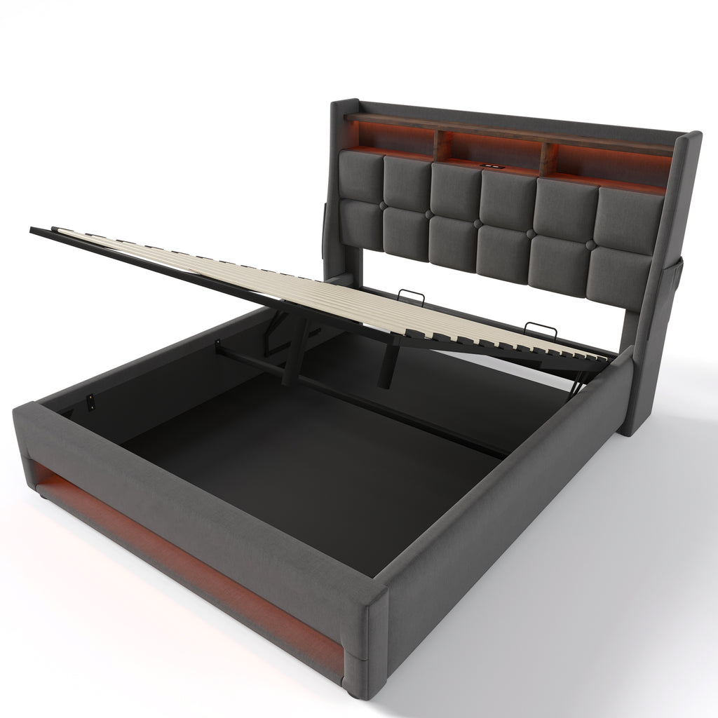 NYBOPAVIS Full Size Upholstered Bed Frame with Lift Up Hydraulic Storage, USB Charging & LED Lighting, Wooden Platform Bed, Grey