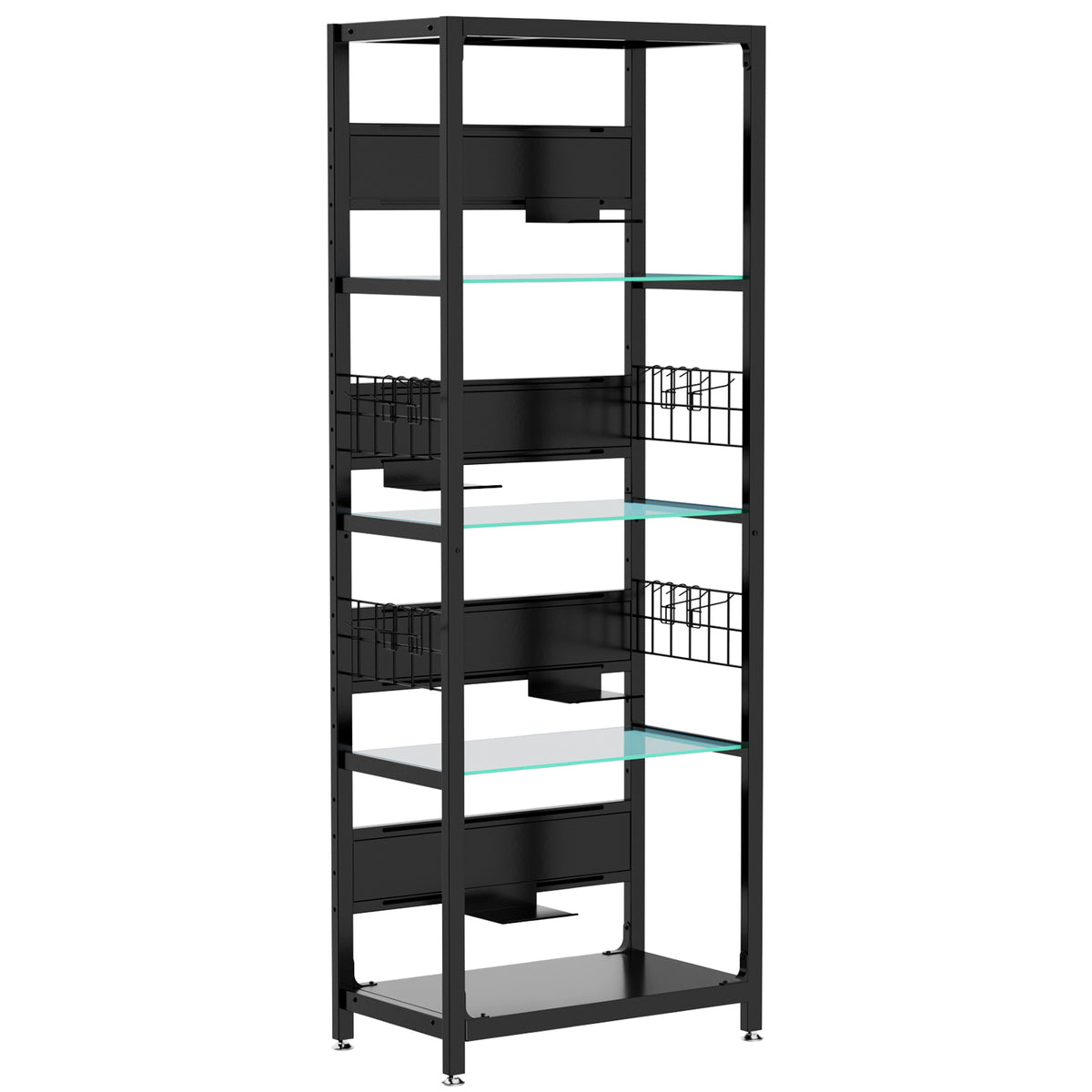 NYBOPAVIS Glass Display Shelf with LED Lights & Adjustable Storage Box & Hooks, 4-Tier Curio Cabinet for Collectibles, Plants, Books, Living Room, Bedroom, Office