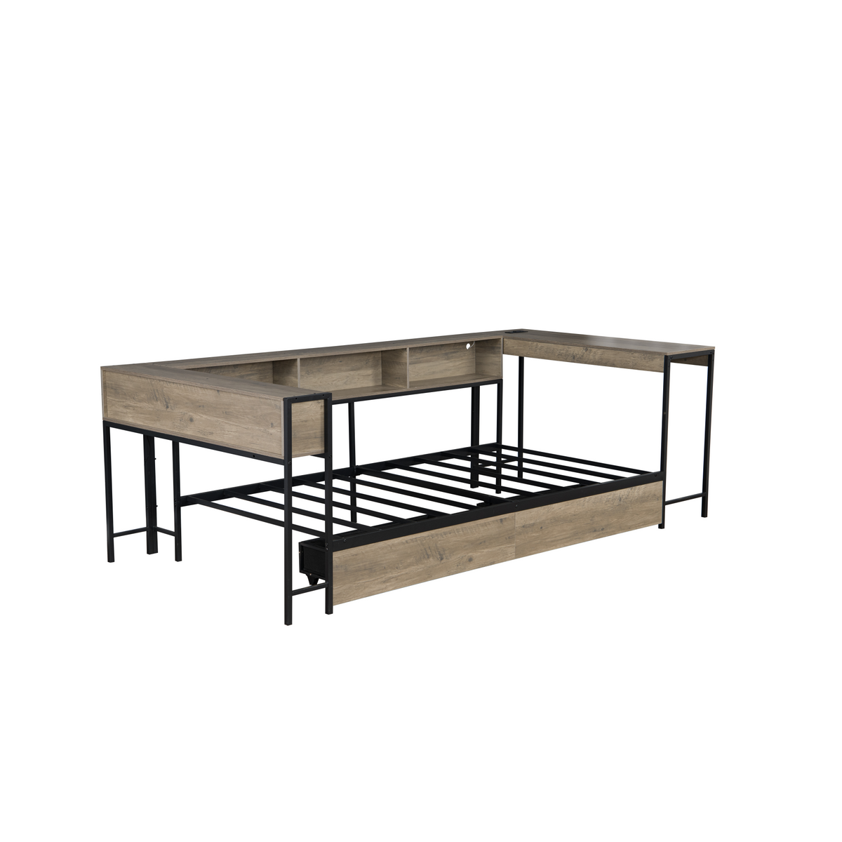Twin Size Corner Bed Frame with Bookcase & 2 Underbed Storage Drawers, Modern Bed with LED Light and Charging Station, Left and Right Interchangeable, Grey