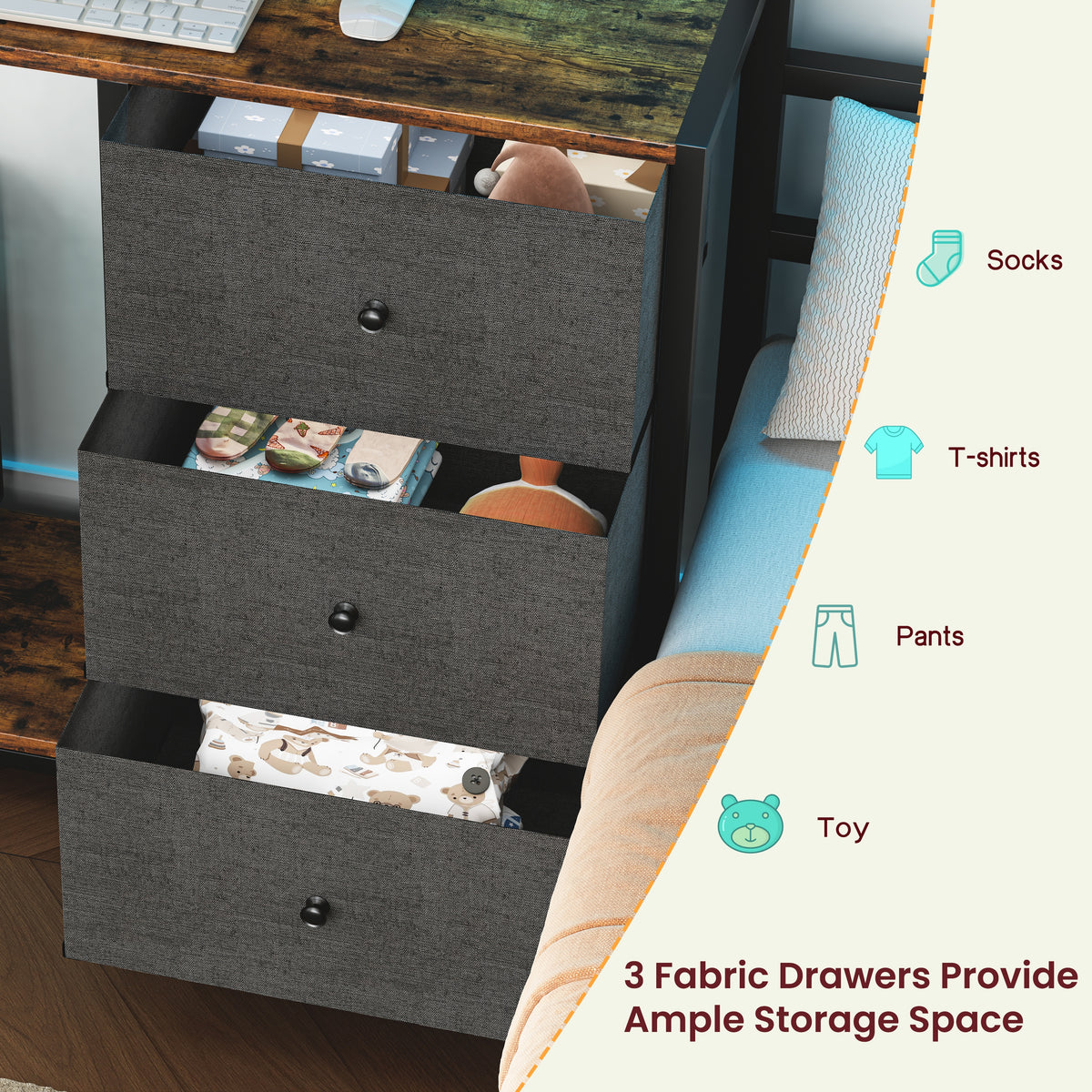 Bunk Bed With Folding Table, 3 Storage Drawers, LED Lights, Charging Station, Safety Guardrails & Ladder, Space‑Saving Single Bed Frame