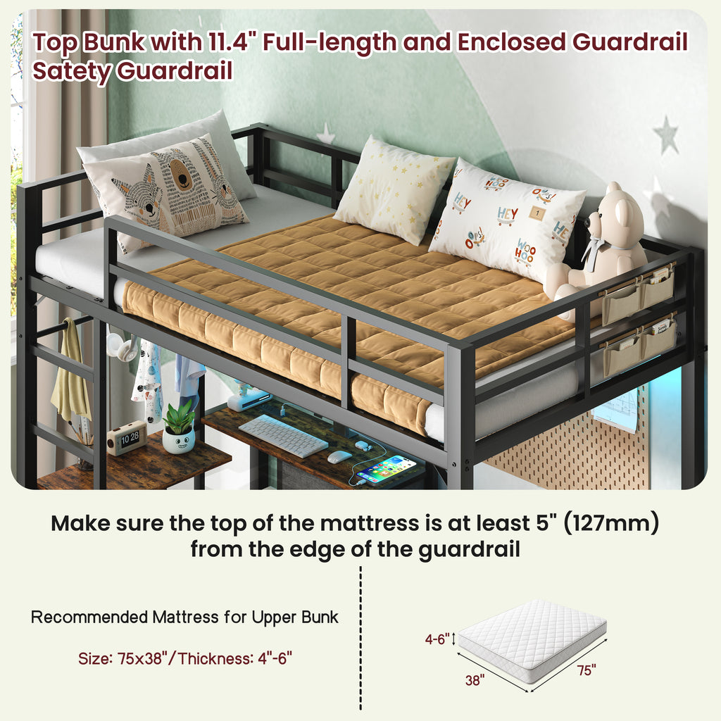 Bunk Bed With Folding Table, 3 Storage Drawers, LED Lights, Charging Station, Safety Guardrails & Ladder, Space‑Saving Single Bed Frame