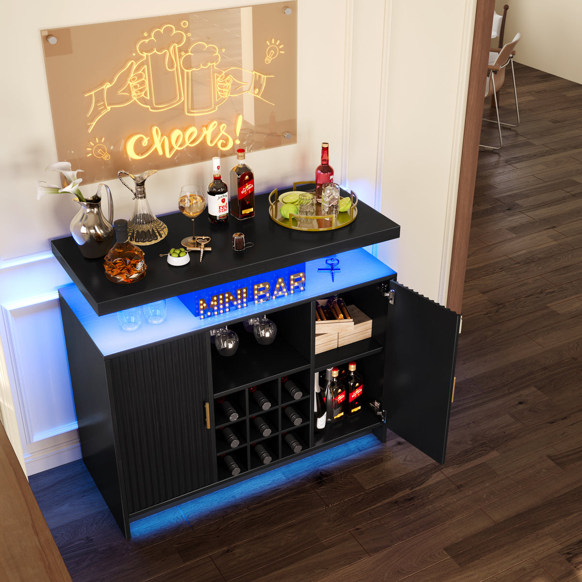 Coffee Bar Cabinet with Storage, LED & Charging Station, Wine Bar Cabinet with Glass Rack & Adjustable Shelves, Sideboard Buffet Cabinet for Home, Black