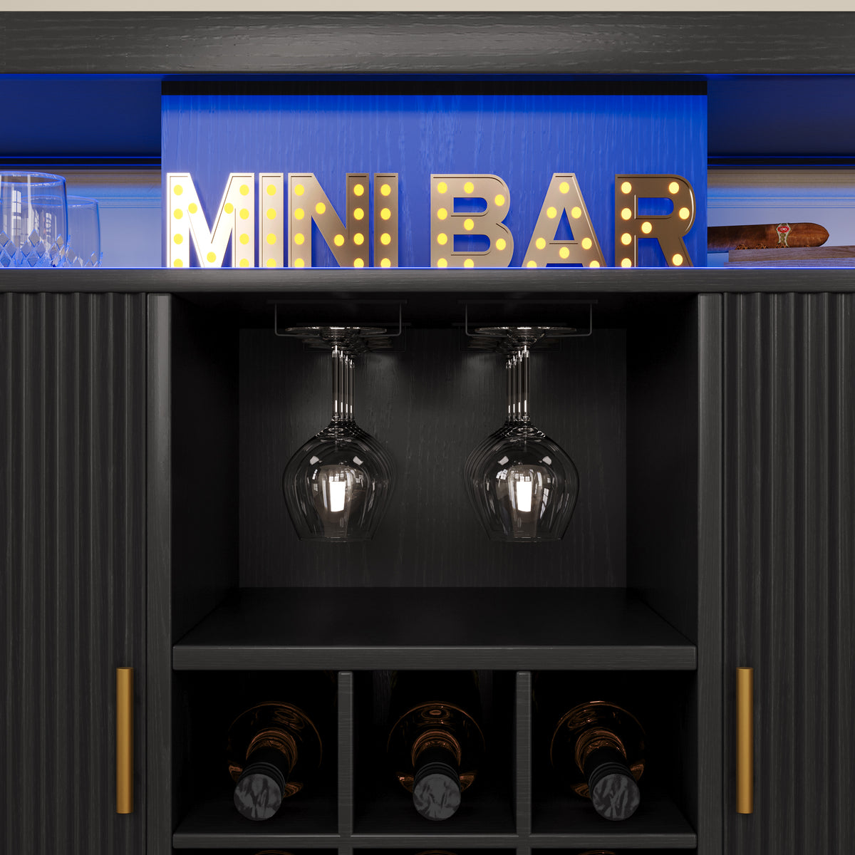 Coffee Bar Cabinet with Storage, LED & Charging Station, Wine Bar Cabinet with Glass Rack & Adjustable Shelves, Sideboard Buffet Cabinet for Home, Black