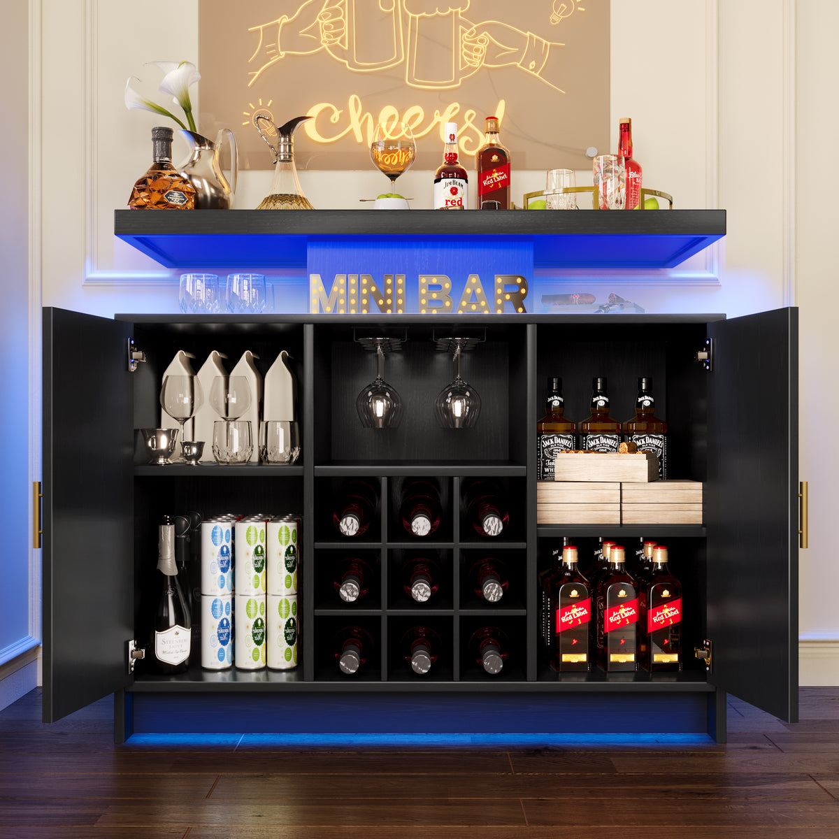 Coffee Bar Cabinet with Storage, LED & Charging Station, Wine Bar Cabinet with Glass Rack & Adjustable Shelves, Sideboard Buffet Cabinet for Home, Black