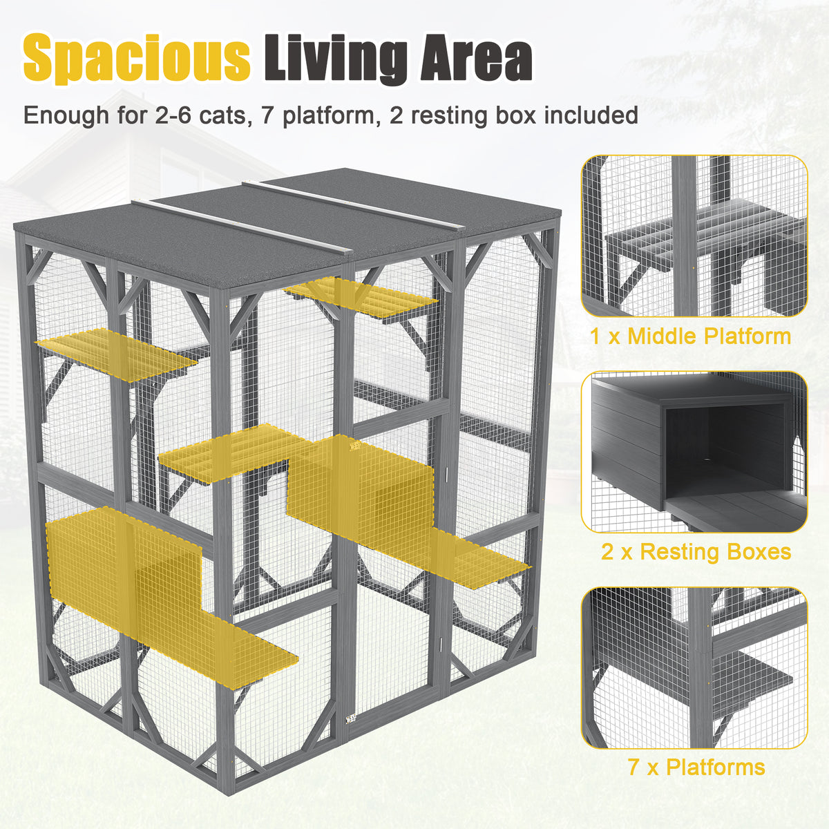 NYBOPAVIS 71" Catio Outdoor Cat Enclosure with 6 Platform, Outdoor Cats Enclosure with Waterproof Cover for Patio, Yard, Graden, Gray