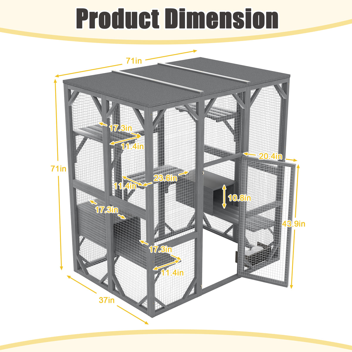 NYBOPAVIS 71" Catio Outdoor Cat Enclosure with 6 Platform, Outdoor Cats Enclosure with Waterproof Cover for Patio, Yard, Graden, Gray