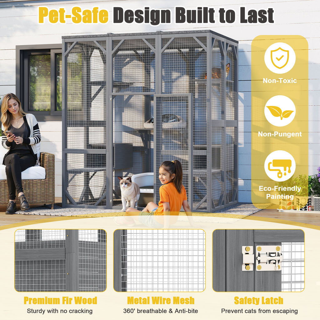NYBOPAVIS 71" Catio Outdoor Cat Enclosure with 6 Platform, Outdoor Cats Enclosure with Waterproof Cover for Patio, Yard, Graden, Gray