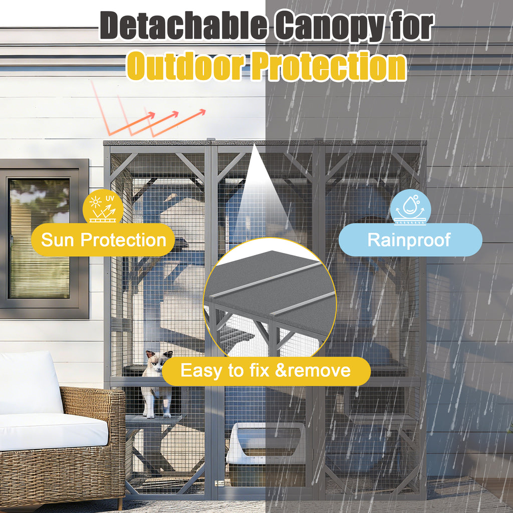 NYBOPAVIS 71" Catio Outdoor Cat Enclosure with 6 Platform, Outdoor Cats Enclosure with Waterproof Cover for Patio, Yard, Graden, Gray