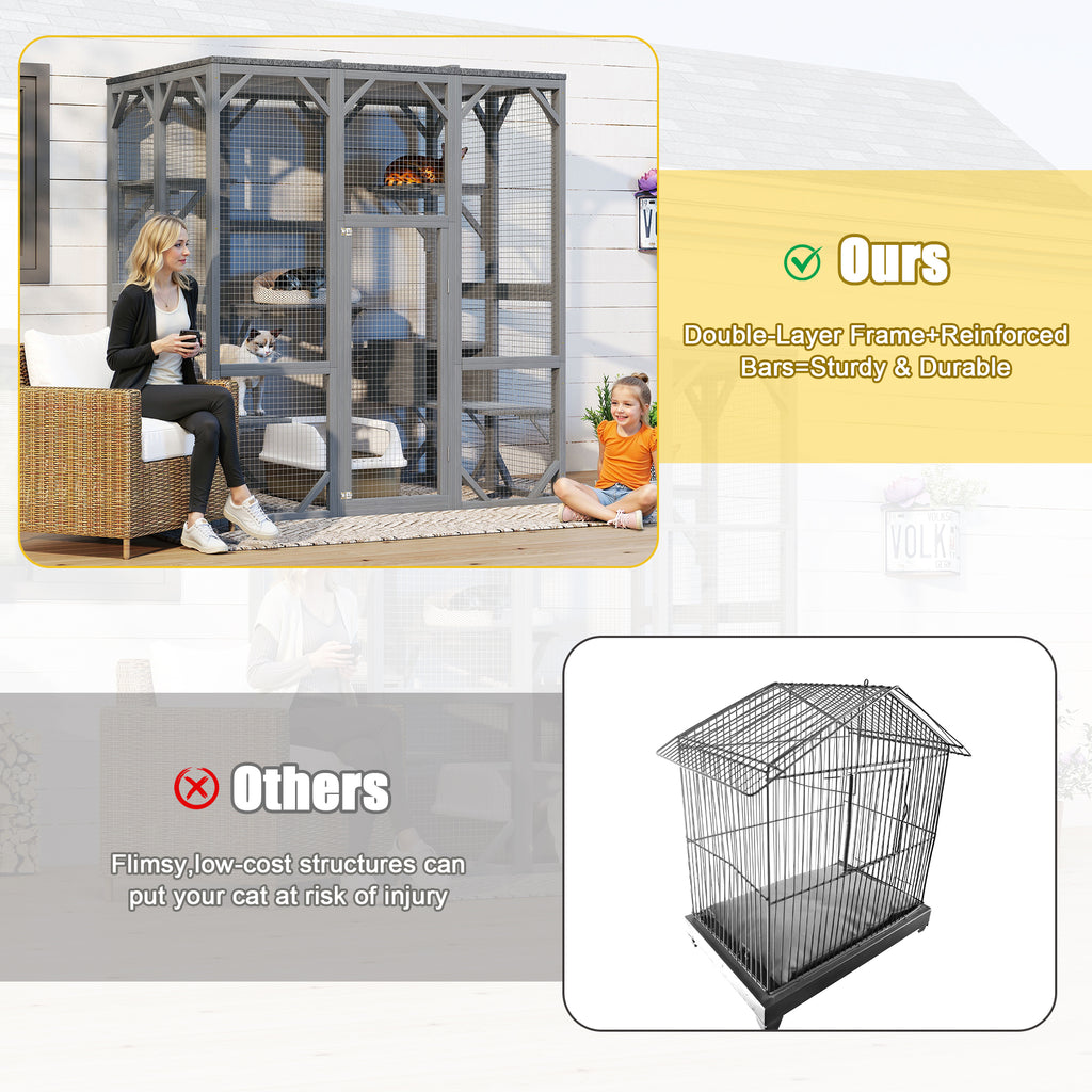 NYBOPAVIS 71" Catio Outdoor Cat Enclosure with 6 Platform, Outdoor Cats Enclosure with Waterproof Cover for Patio, Yard, Graden, Gray