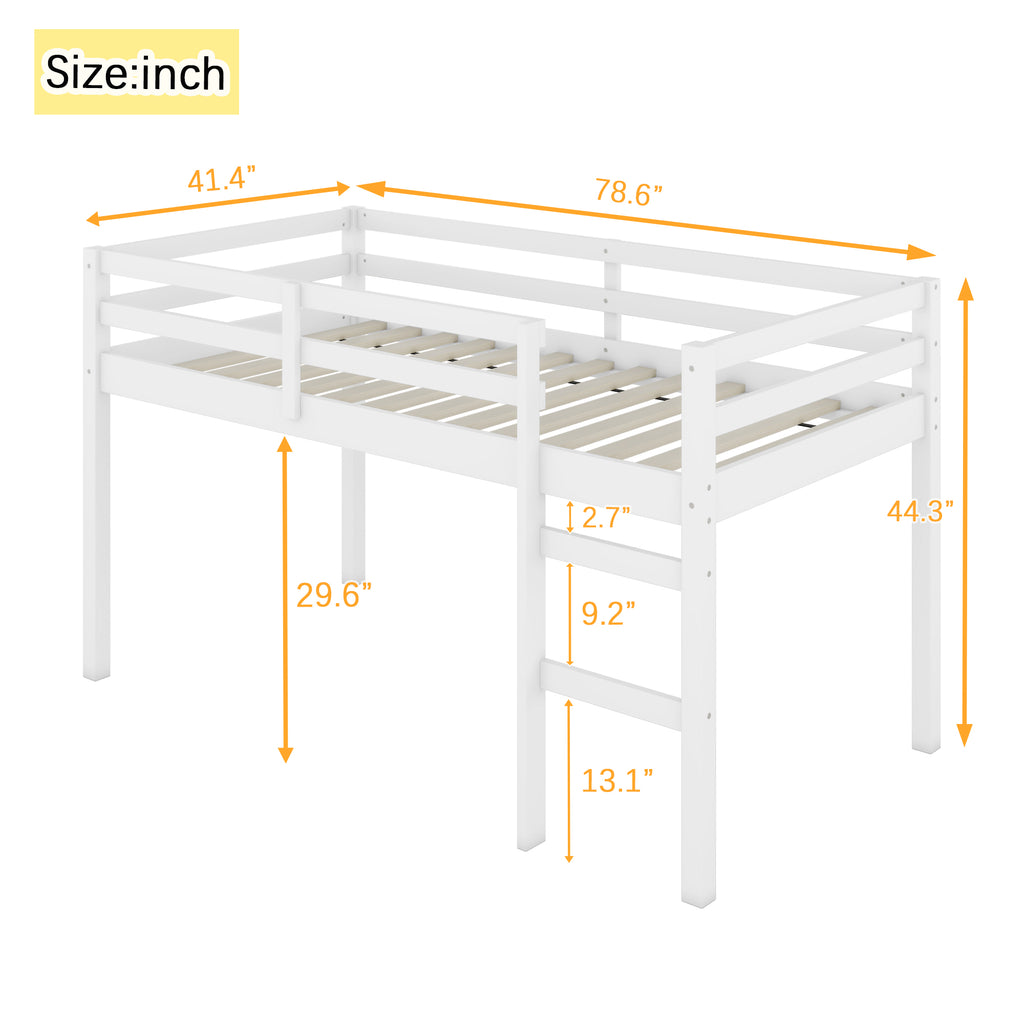 Twin Low Loft Bed Frame, Solid Wood Elevated Bed with Guardrail, Space Saving Loft Bed for Bedroom, White
