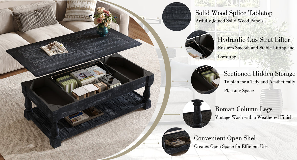 Lift Top Coffee Table with 3 Hidden Storage Trays, Wooden Convertible Coffee Table with Hidden Compartments for Living Room, Black