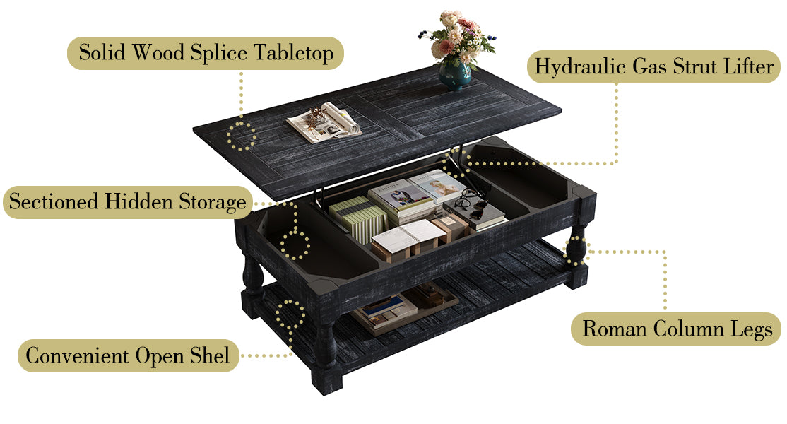 Lift Top Coffee Table with 3 Hidden Storage Trays, Wooden Convertible Coffee Table with Hidden Compartments for Living Room, Black