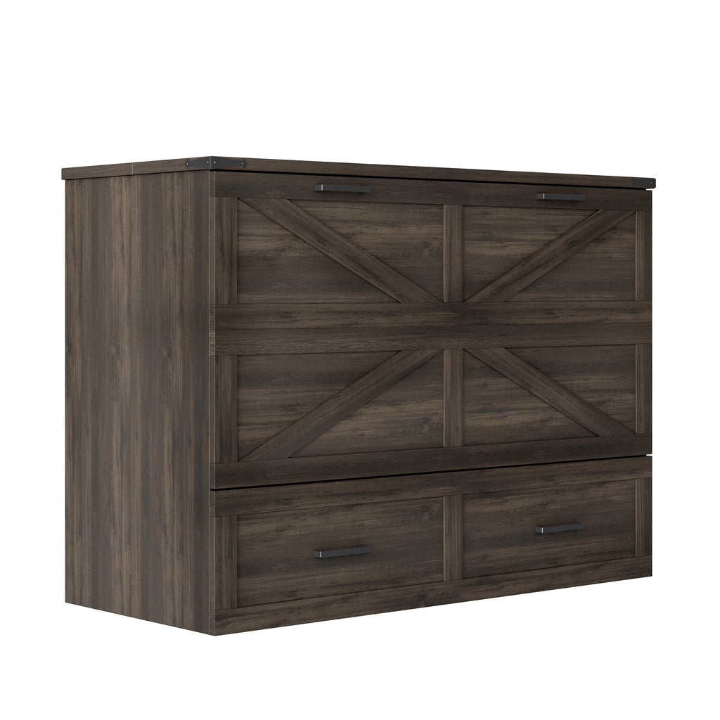 Full Size Farmhouse Murphy Cabinet Bed with Charging Station, Foldable Platform Bed with Large Storage Drawer for Guest-Room, Small Bedroom, Rustic Gray