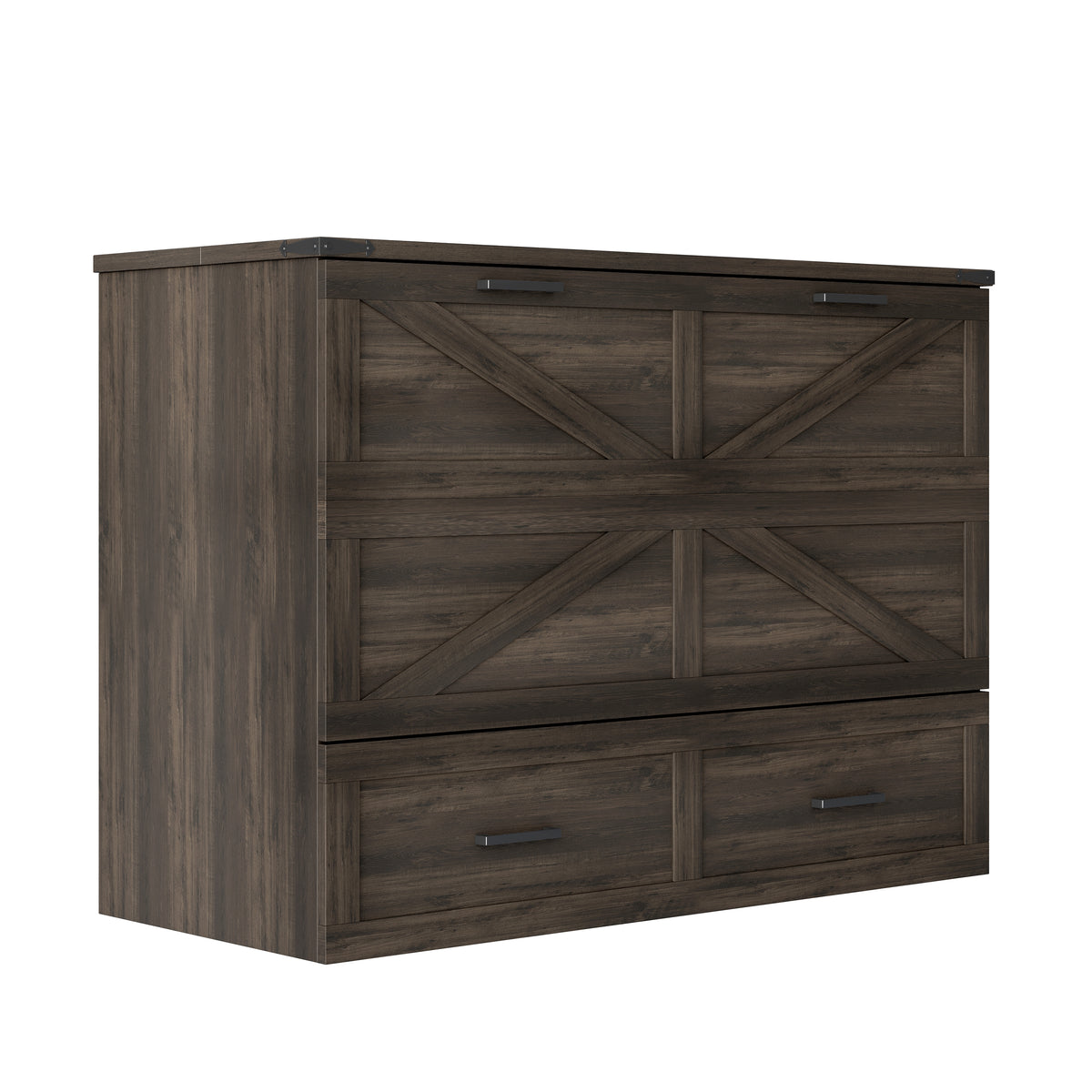 Full Size Farmhouse Murphy Cabinet Bed with Charging Station, Foldable Platform Bed with Large Storage Drawer for Guest-Room, Small Bedroom, Rustic Gray