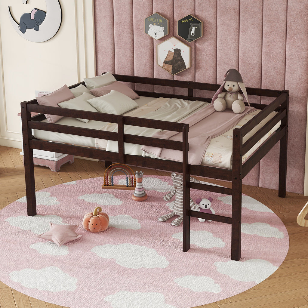 Full Low Loft Bed Frame, Solid Wood Elevated Bed with Guardrail, Space Saving Loft Bed for Bedroom, Espresso