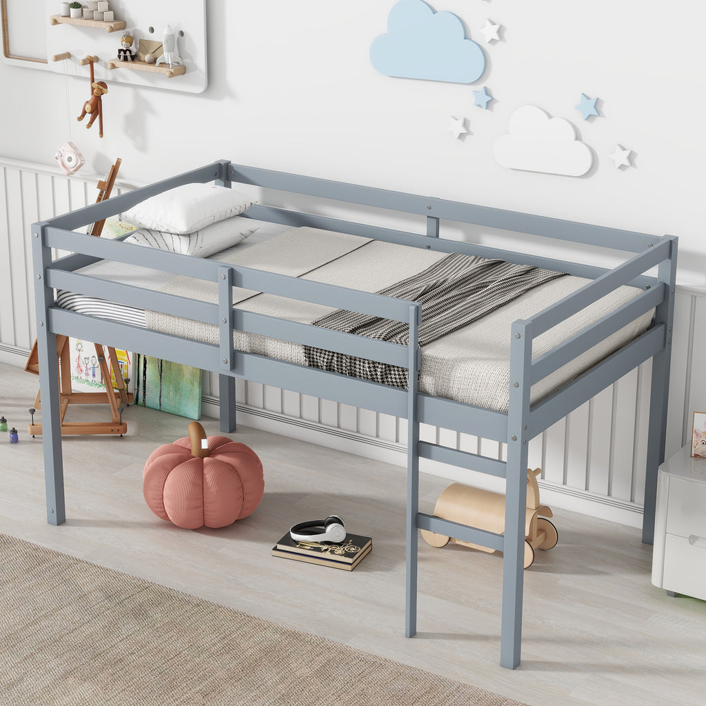 Twin Low Loft Bed Frame, Solid Wood Elevated Bed with Guardrail, Space Saving Loft Bed for Bedroom, Gray