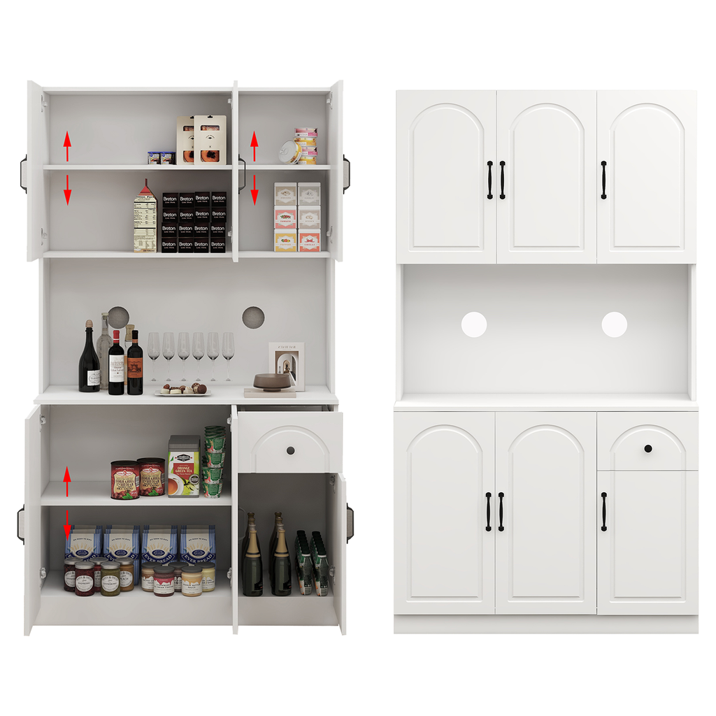 71" Kitchen Pantry with LED Light, Adjustable Shelves Freestanding Hutch Cabinet with Microwave Stand and Drawer, White