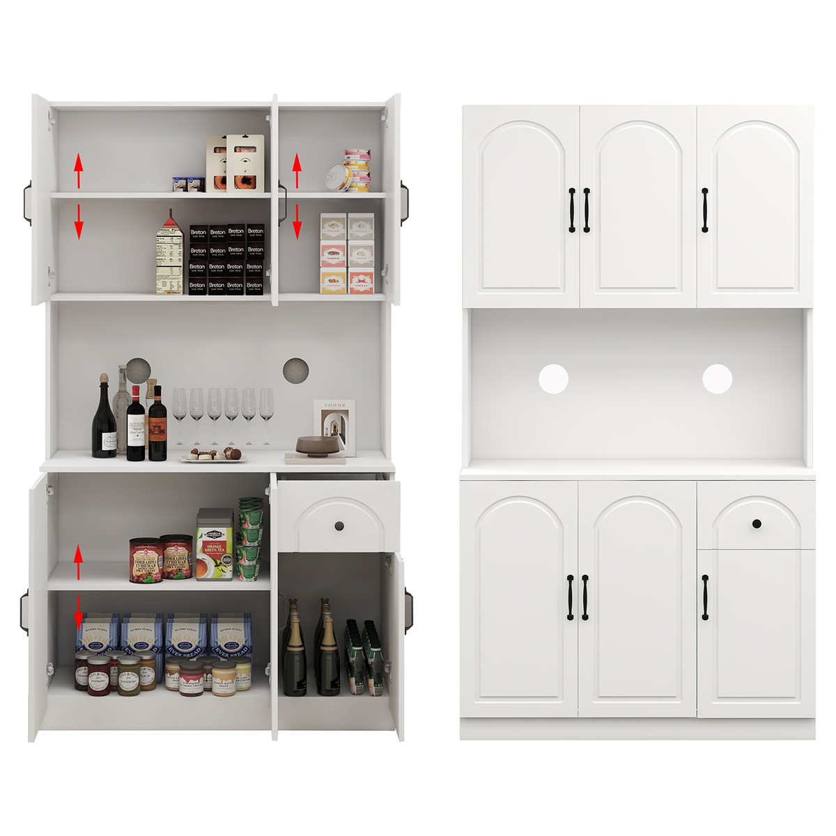 71" Kitchen Pantry with LED Light, Adjustable Shelves Freestanding Hutch Cabinet with Microwave Stand and Drawer, White