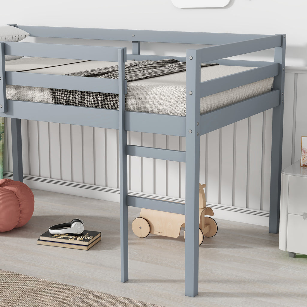Twin Low Loft Bed Frame, Solid Wood Elevated Bed with Guardrail, Space Saving Loft Bed for Bedroom, Gray