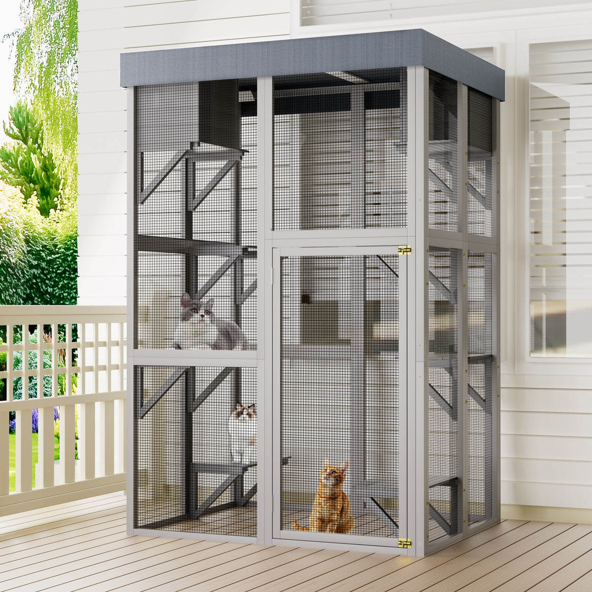 70.5＂ Tall Wooden Catio Multi-functional Cat Enclosure,6 Jumping Platforms & 2 Napping Houses, Waterproof Roof Cover,Rounded Corner,Gray