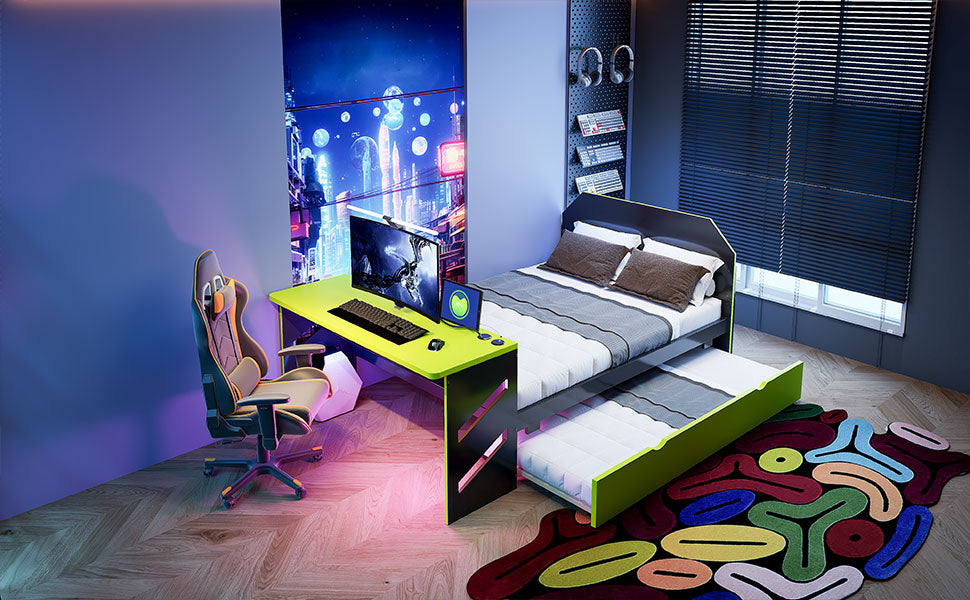 Full Size Wood Daybed with Desk & USB,Full Daybed with Twin Size Trundle for Bedroom, Green