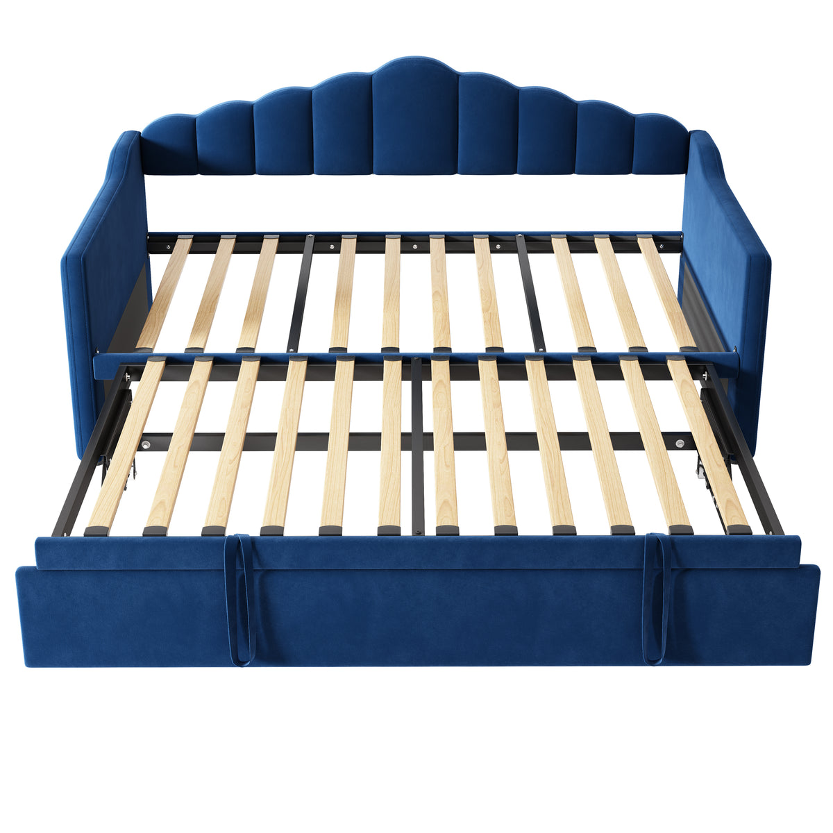 Upholstered Twin Size Daybed Bed with Charging Station & 2 Side Pockets,Velvet Daybed Frame with Adjustable Height Pop Up Trundle for Guest Room, Home Office,Blue