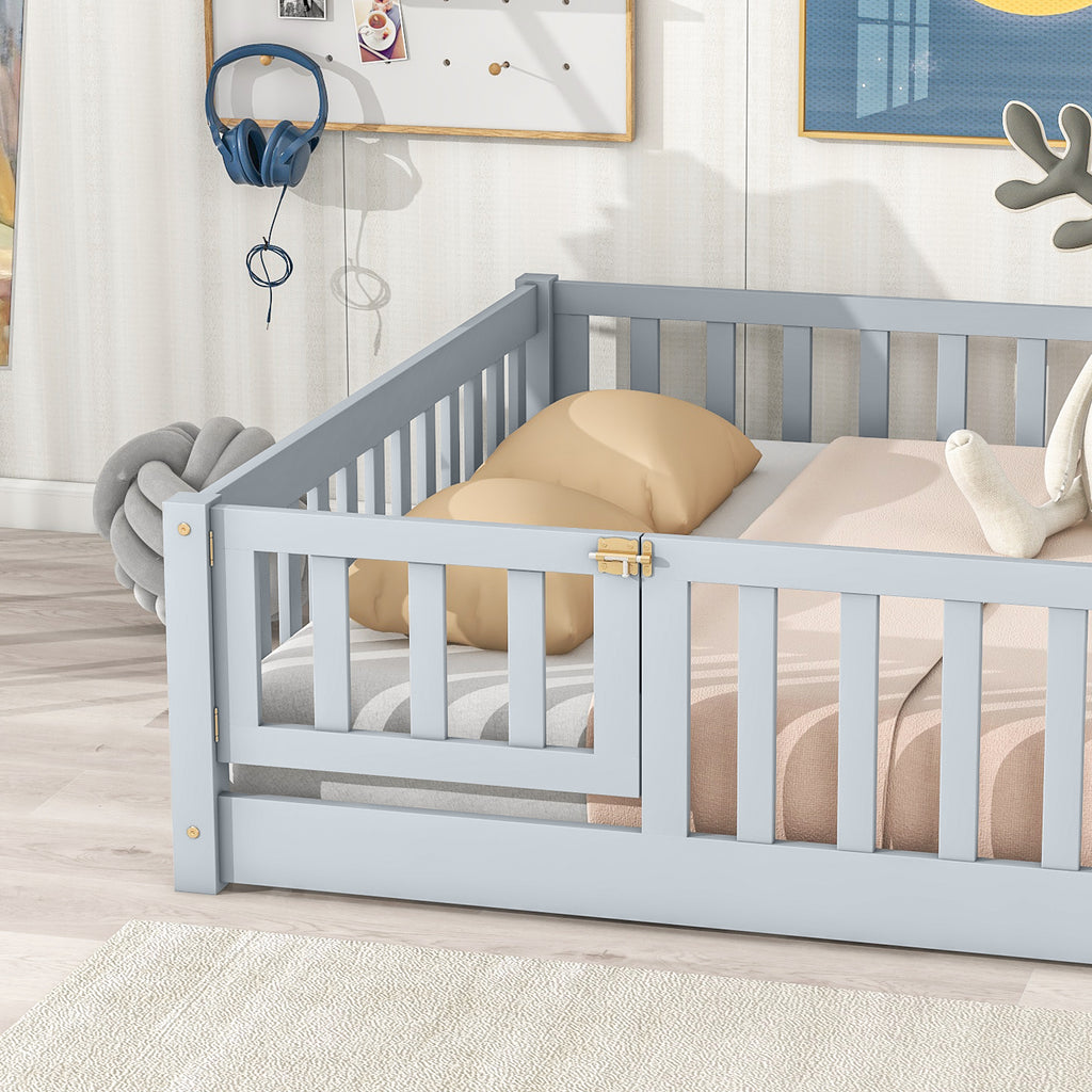 NYBOPAVIS Full Size Floor Bed with Fence&Door,Rubber Wood Floor Bed with Safety Guardrails,TMontessori Bed Boys, Girls,Deep Grey