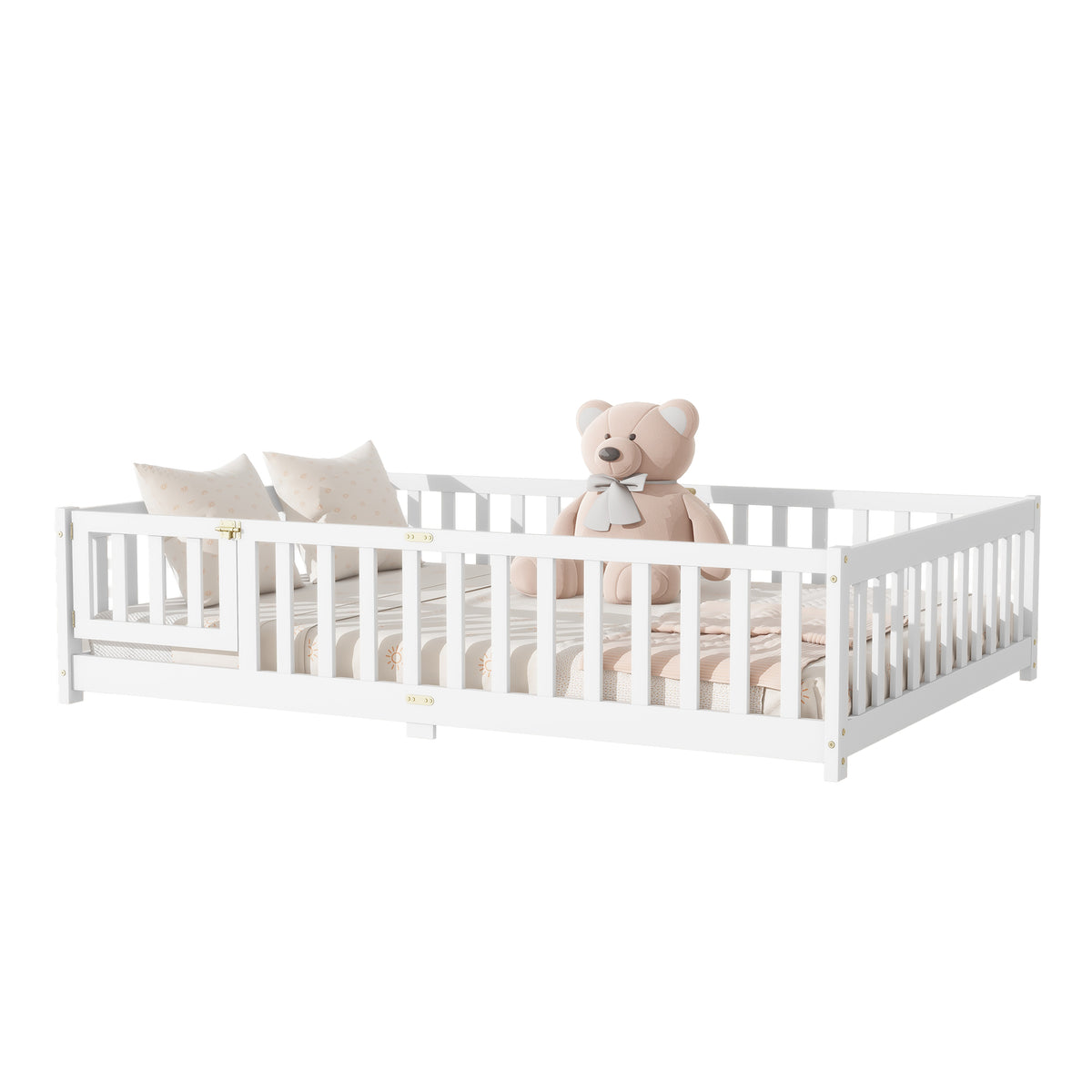 NYBOPAVIS Full Size Floor Bed with Fence&Door,Rubber Wood Floor Bed with Safety Guardrails, Montessori Bed Boys, Girls,White