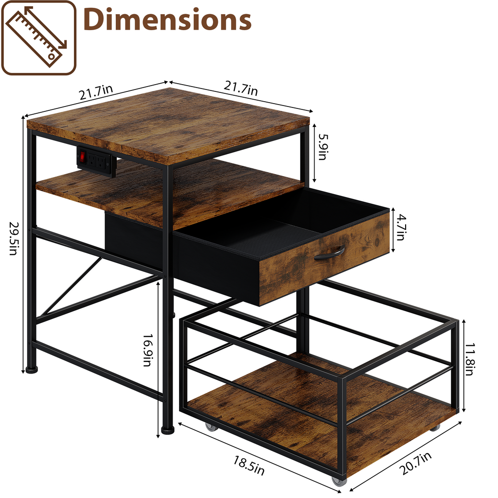 Mini Fridge Stand with Drawer Storage and Power Outlet, Heavy Duty Mobile Mini Fridge Shelf with Wheels, Beverage Refrigerator Table Stand,Brown