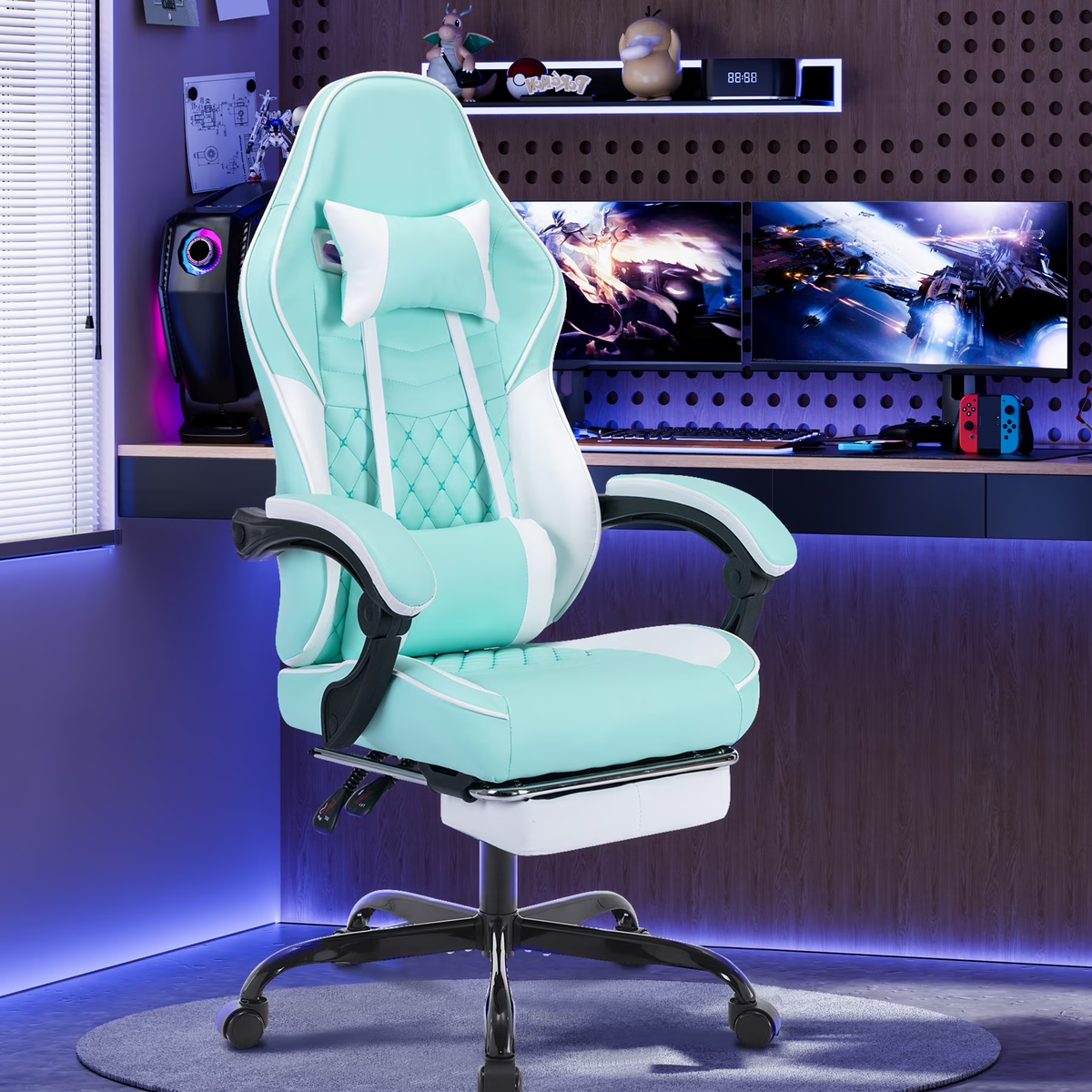 Gaming Chair with Footrest & Headrest, Leather Ergonomic Office Computer Chair with Footrest and Lumbar Support, Green