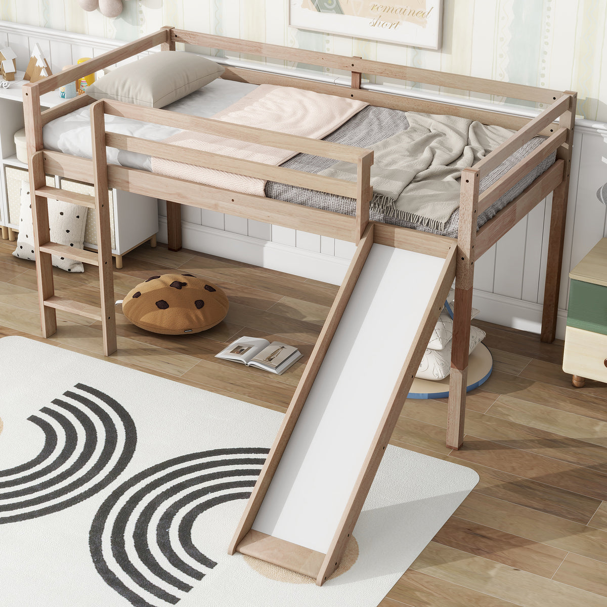 Twin Loft Bed with Slide, Solid Wood Elevated Bed Frame, Space Saving Loft Bed for Small Space Bedroom, Natural