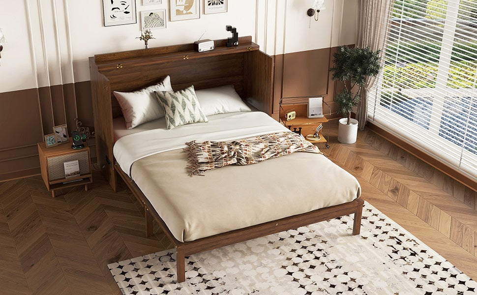 Queen Size Murphy Bed with Charging Station and 2 Storage Drawers, Pine Wood Folding Cabinet Bed, Equipped with 6 Moving Wheels, Space-Saving Hidden Wall Bed for Guest Room, Home Office,Walnut