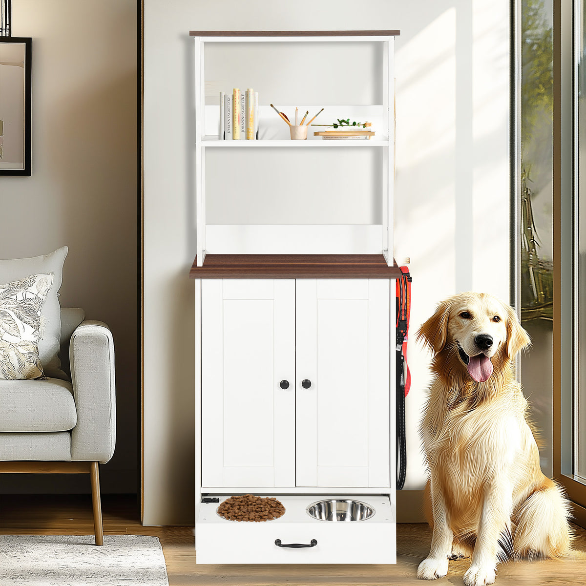 White Pet Feeding Station with Storage Cabinet, 2 Feeding Bowls and Adjustable Baffle Panel for Dog Cat