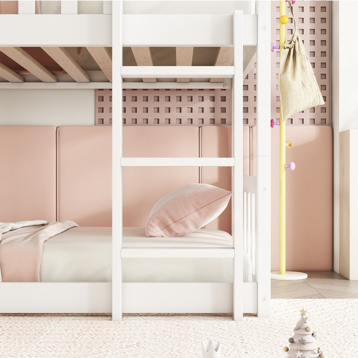 Triple Bunk Bed Frame, Convertible to 3 Single Beds, Solid Wood Bed with Ladders & Guardrails, White
