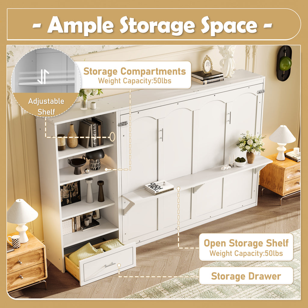 Queen Size Murphy Bed with Height Adjustable Storage Shelf & 1 Drawer, Wall Bed Multifunctional Foldable Platform Bed for Bedroom,Guest Room, White