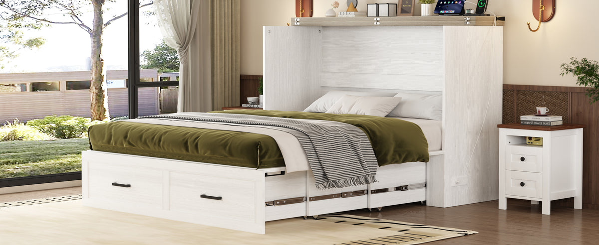 Queen Size Farmhouse Murphy Cabinet Bed with Charging Station, Foldable Platform Bed with Large Storage Drawer for Guest-Room, Small Bedroom, White