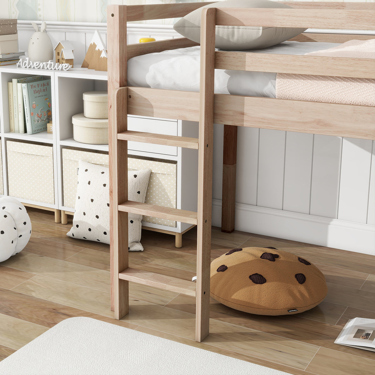 Twin Loft Bed with Slide, Solid Wood Elevated Bed Frame, Space Saving Loft Bed for Small Space Bedroom, Natural