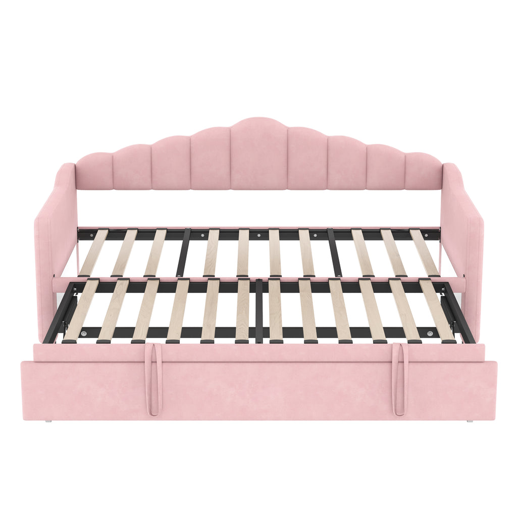 Upholstered Twin Size Daybed Bed with Charging Station & 2 Side Pockets,Velvet Daybed Frame with Adjustable Height Pop Up Trundle for Guest Room, Home Office,Pink