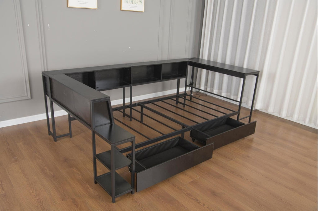 Twin Size Corner Bed Frame with Bookcase & 2 Underbed Storage Drawers, Modern Bed with LED Light and Charging Station, Left and Right Interchangeable, Black
