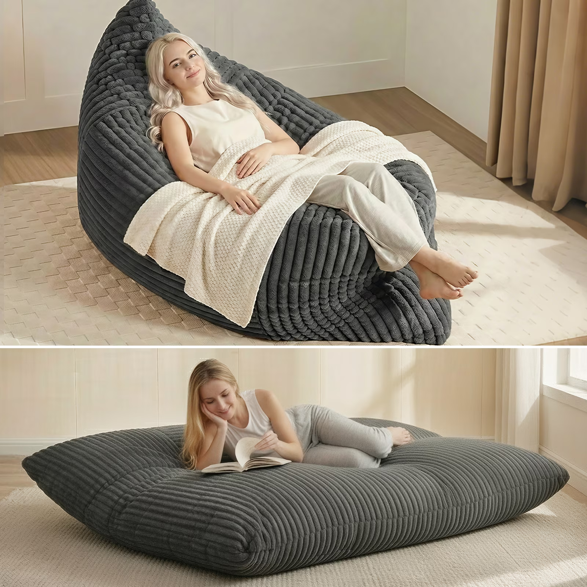 Convertible Bean Bag Chair, 3 in 1 Bean Bags with Removable Stripe Cover, Flannelette Lounge Chair for Living Room/Bedroom, Gray