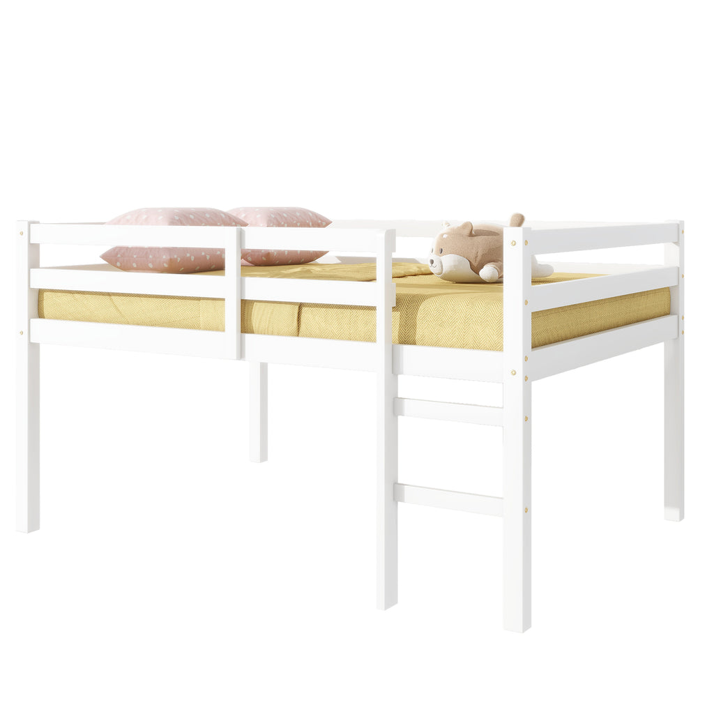 Full Low Loft Bed Frame, Solid Wood Elevated Bed with Guardrail, Space Saving Loft Bed for Bedroom, White