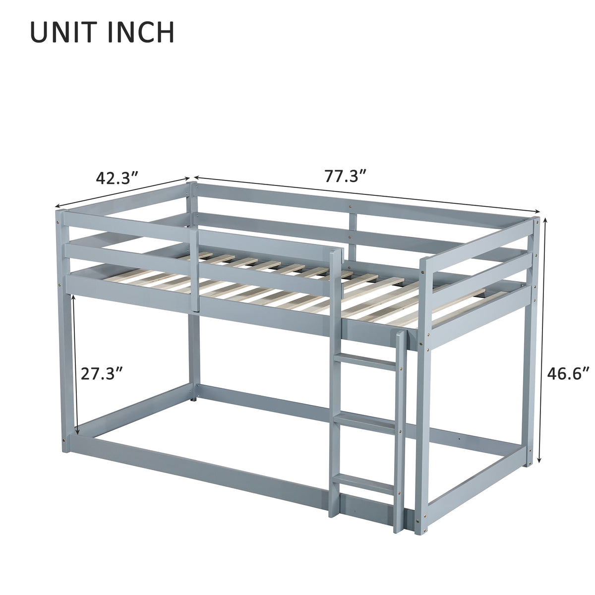 Twin Size Bunk Bed Frame, Wooden Bed Frame with Ladder, Bunk Bed with Guardrail for Bedroom, Gray