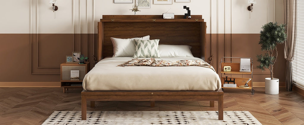 Queen Size Murphy Bed with Charging Station and 2 Storage Drawers, Pine Wood Folding Cabinet Bed, Equipped with 6 Moving Wheels, Space-Saving Hidden Wall Bed for Guest Room, Home Office,Walnut