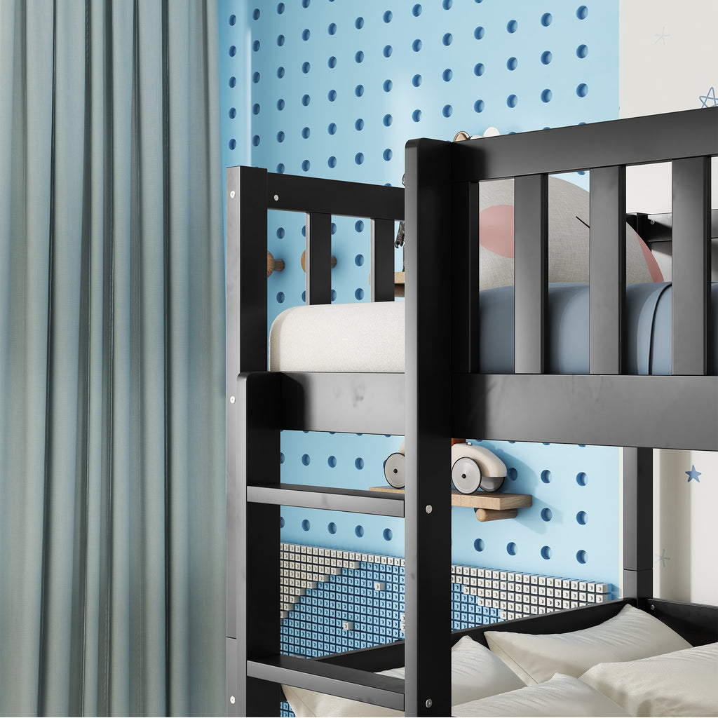 Triple Bunk Bed Frame, Convertible to 3 Single Beds, Solid Wood Bed with Ladders & Guardrails, Black